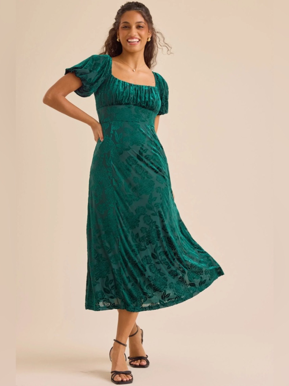 Altar'd State | Marleigh Green Velvet Jacquard Midi Dress